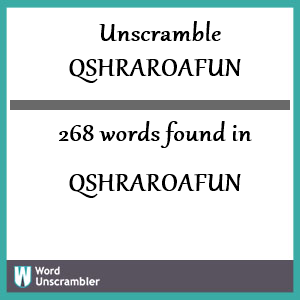 268 words unscrambled from qshraroafun